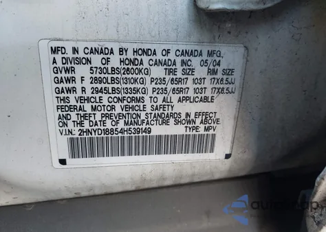 2004 Acura Mdx from USA, damaged, VIN 2HNYD18854H539149